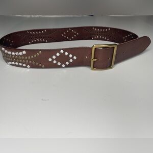 Linea Pelle L Rhinestones Embellished Studded Brass Buckle Leather Belt Brown
